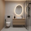 © FAFO - Minimalist Bathroom with Oval Backlit Mirror and Wooden Vanity Cabinet