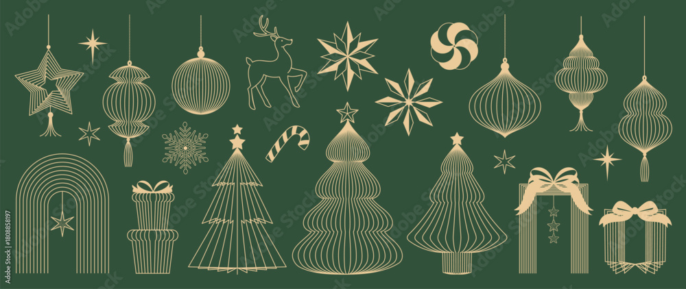 Christmas and Happy New Year vector mid century line art illustration ...