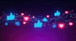 © SAFIICLON - A futuristic stream of glowing blue thumbs-up and pink heart icons symbolizing online interaction and social media feedback