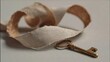 © CYBERPINK - Close-up of a key lying on a piece of beige fabric. the key is golden in color and appears to be old and weathered. the fabric is slightly frayed and has a slight sheen to it.