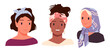 © Natalia - Three women with different hairstyles and colorful scarves on heads, showing cultural diversity, fashion, and individuality in a modern flat style isolated vector illustration