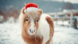 christmas Cute pony wearing a Santa hat in a snowy landscape.
