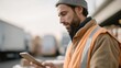 © CYBERPINK - Man wearing an orange high visibility vest and a grey beanie. he is standing in a warehouse or storage area with a truck in the background.