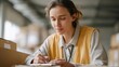 © CYBERPINK - A young woman sitting at a table in a warehouse or storage room. she is wearing a yellow vest and a grey shirt.