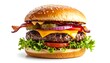 © desi - Delicious-looking, sesame seed bun burger with meat, cheese, bacon, lettuce, tomato, onion and pickles against white