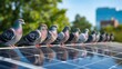 © Natti - Multiple common pigeons resting in a neat, symmetrical row on a large, reflective solar panel array.