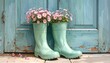 © Wahyu - Pastel teal rain boots holding pink daisies leaning on a worn light blue door. Artful, rustic aesthetic