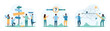 © Iconic Prototype - Making decision, answer to question choice set. Tiny people choose right or left path on crossroads with arrows, draw shortcut line with pencil to solve complicated problem cartoon vector illustration