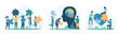 © Iconic Prototype - Creative thinking, success cooperation in problem solving set. Tiny people holding puzzle pieces, connect jigsaw parts in heart shape and in combination inside human head cartoon vector illustration