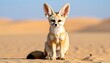 © Herma - Small, tan fennec fox with large ears sits in the soft, undulating sand of a desert landscape under a bright, blue sky