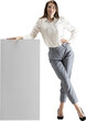 © Lustre Art Group  - Relaxed businesswoman leaning on blank board with confident smile on transparent background. Concept of advertising templates, product placement, promotional layouts and positive corporate messaging.