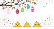 © Blythe - A cheerful easter greeting card design with three cute yellow chicks peeking over a ledge below a branch with hanging decorated eggs.