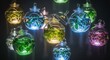© Hungarian - Multiple illuminated glass orbs containing aquatic plants float in a dark setting