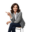 © Dazz - Smiling businesswoman in gray blazer and white shirt, sitting and pointing to side, confident and engaging, corporate message isolated on transparent background, png