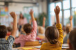 © sashka1313 - Engaged group of schoolchildren raising their hands during a lesson, showing participation, curiosity, and active learning in a bright modern classroom.