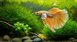 © mr.rius - Elegant Golden Betta Fish Swimming Gracefully Through Lush Aquatic Plant Life in Serene Freshwater Aquarium Habitat Showcase