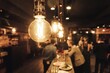 © Anton Pentegov - cozy cafe interior, wooden bar counter, people talking, bright yellow lamps, blurred image, selective focus