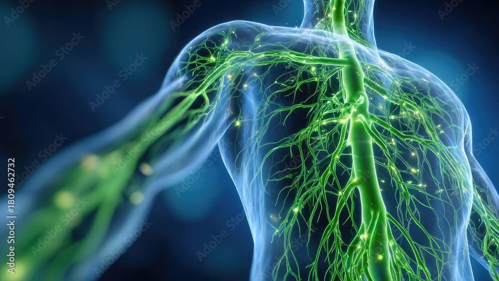 Illustration of the human lymphatic system with glowing green lymph ...