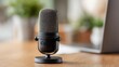 © filmanana - podcast microphone home studio — Close-up black desktop USB mic in calm minimal style with soft bokeh, modern workspace scene for podcasting, streaming, voiceover, content creation, and remote