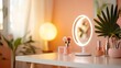 © icik icik bum - Elegant makeup vanity setup with modern lighted mirror and beauty products in a serene space