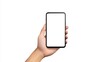 © yang - Side view of man hand holding horizontal modern smartphone mockup. New modern black frameless smartphone mockup without seeing the screen. Isolated on white background high-quality studio shot