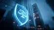 © kaliel - A glowing digital justice shield with scales of law over a glass building represents modern legal protection, digital rights and corporate governance.