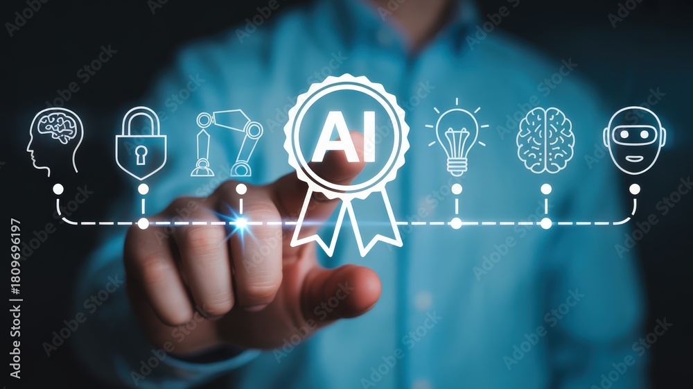 Business professional interacts with digital interface showcasing ...