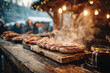 © syaifuddin - German Christmas market food stall serving grilled bratwurst and mulled wine, steam rising into the cold winter air, warm lighting against snowy surroundings