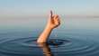 © MstTasmiya - Hand showing thumbs up emerging from calm water surface, positive gesture symbolizing success, approval, encouragement, and motivation in challenging situations