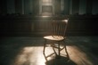 © River Girl - A solitary empty chair in a dim courtroom, harsh overhead light creating deep shadows, evoking a sense of anticipation and justice