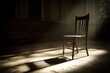 © River Girl - A solitary empty chair in a dim courtroom, harsh overhead light creating deep shadows, evoking a sense of anticipation and justice