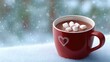© ISVO - Red mug filled with hot chocolate topped with marshmallows sits on a snowy surface, with a blurred winter landscape in the background, evoking cozy holiday vibes and warmth
