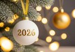 © Graphic world  - Christmas ornament 2026 hanging on tree with golden lights bokeh
