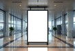 © ANMZAKARIA - Large blank vertical billboard mockup in modern airport terminal or convention center hallway. Digital signage advertising screen inside luxury corporate building lobby, with reflective floor tiles. O