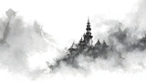 Enigmatic fantasy tower rising through mist and smoke in monochrome