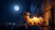 © Arqam141 - Moonlit blossoms cling to a weathered wall, their pale petals catching the glow of a distant, patient moon. Night hushes the alley as a gentle warmth spills from the blossoms, turning cold brick into