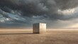 © Formoney - A silver cube is standing in a desert with a cloudy sky above. Scene is somber and desolate, with the vast emptiness of the desert and the grey clouds overhead