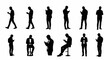 © Den - Vector silhouettes of men standing walking and sitting while using their smartphones.