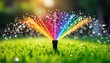 © Hugnaka - Vibrant rainbow arc of water sprays from a rotating sprinkler, showering the lush green lawn with colorful droplets  Perfect for summer, irrigation, garden, and playful themes ,  plants,  cool
