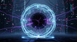 © rita - Glowing blue energy portal with purple lightning surrounding dark sphere in futuristic city