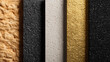 © dinatychynska - Insulation materials comparison showing different textures: mineral wool, foam and metallic foil in beige, white, gold and black. Construction thermal barriers for energy-efficient building solutions.