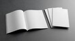© MindRender - Open blank magazine or brochure mockup alongside a stack of closed booklets, providing a versatile template for various print designs