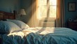 © Yasotaro - A single, empty bed stretches across the frame, sunbeams illuminating dust motes in the air; a feeling of profound solitude and quiet emptiness permeates the scene , interior, motes