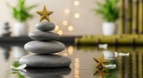 Zen Balancing Stones Stack with Golden Christmas Star on Top Spa Concept