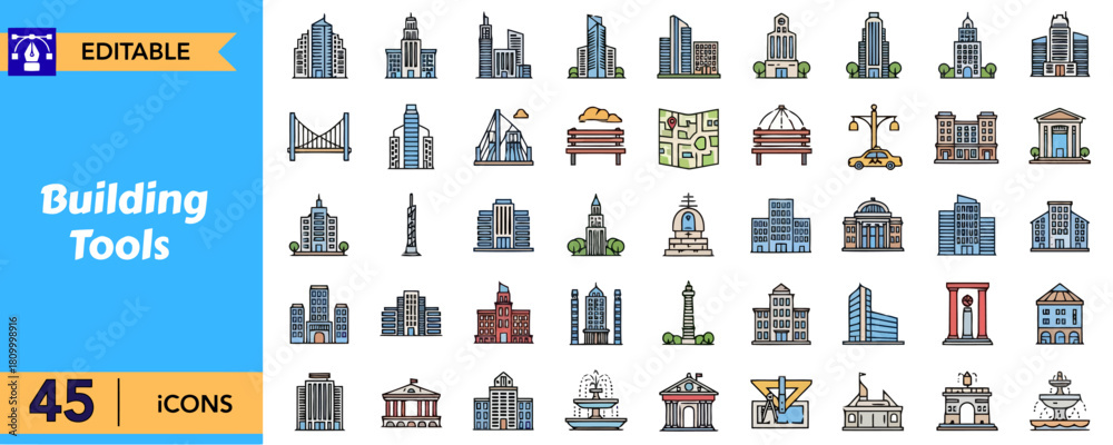 Building tools icon set includes editable stroke skyscraper bridge ...