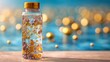 © Formoney - A clear bottle filled with colorful beads sits on a surface near a blue pool. The sun shines brightly, creating a warm and cheerful atmosphere with playful reflections.