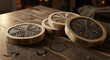 © Ivan - Close up of wooden coasters with snowflake design on a rustic wooden table surface indoors