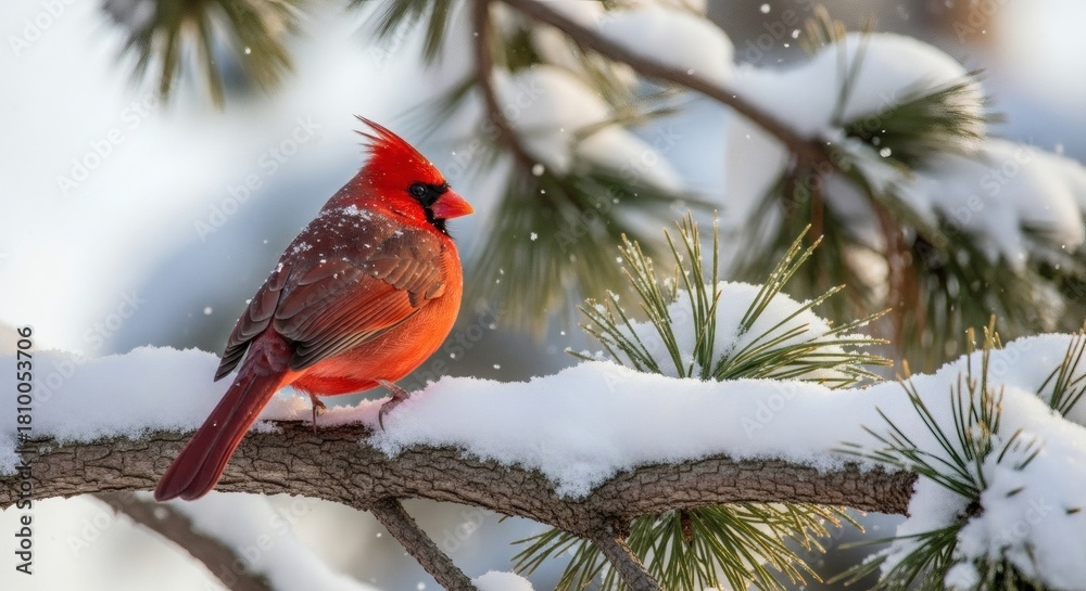 Crimson Cardinal in Winter's Embrace: A vibrant red cardinal perches gracefully on a snow-covered branch, its striking plumage a stark contrast against the serene winter landscape.