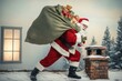 © Anna - Santa Claus carrying a heavy sack of presents on a snowy rooftop. Father Christmas delivering gifts by the chimney on Christmas Eve. Holiday tradition concept