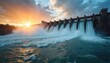 © Maryna - Massive concrete dam releases powerful water flow from reservoir into river below. Powerful hydro power plant operates at sunset with sun rays illuminating mist over water cascades.